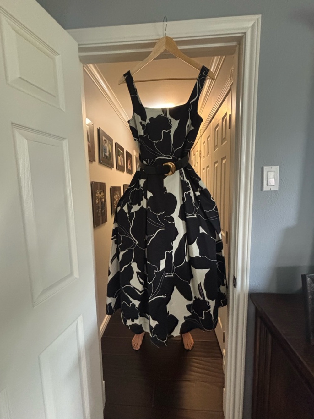 Donna Karan Black and White Floral Belted Midi Dress